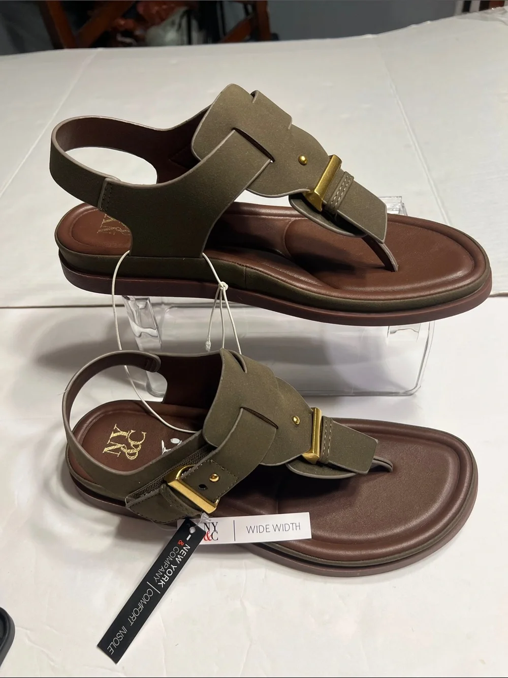 New York & Company Olive Green and Brown Thong Sandals with Gold Accents